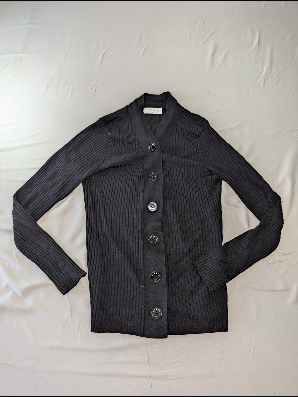 Sandro Black Ribbed Button-Up Cardigan Jacket